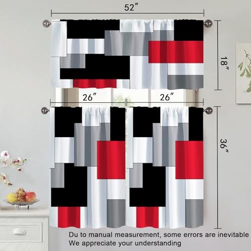 Red Thin Kitchen Curtains Tiers and 52″W x 18″L (Pack of 3) 03 Red and Black
