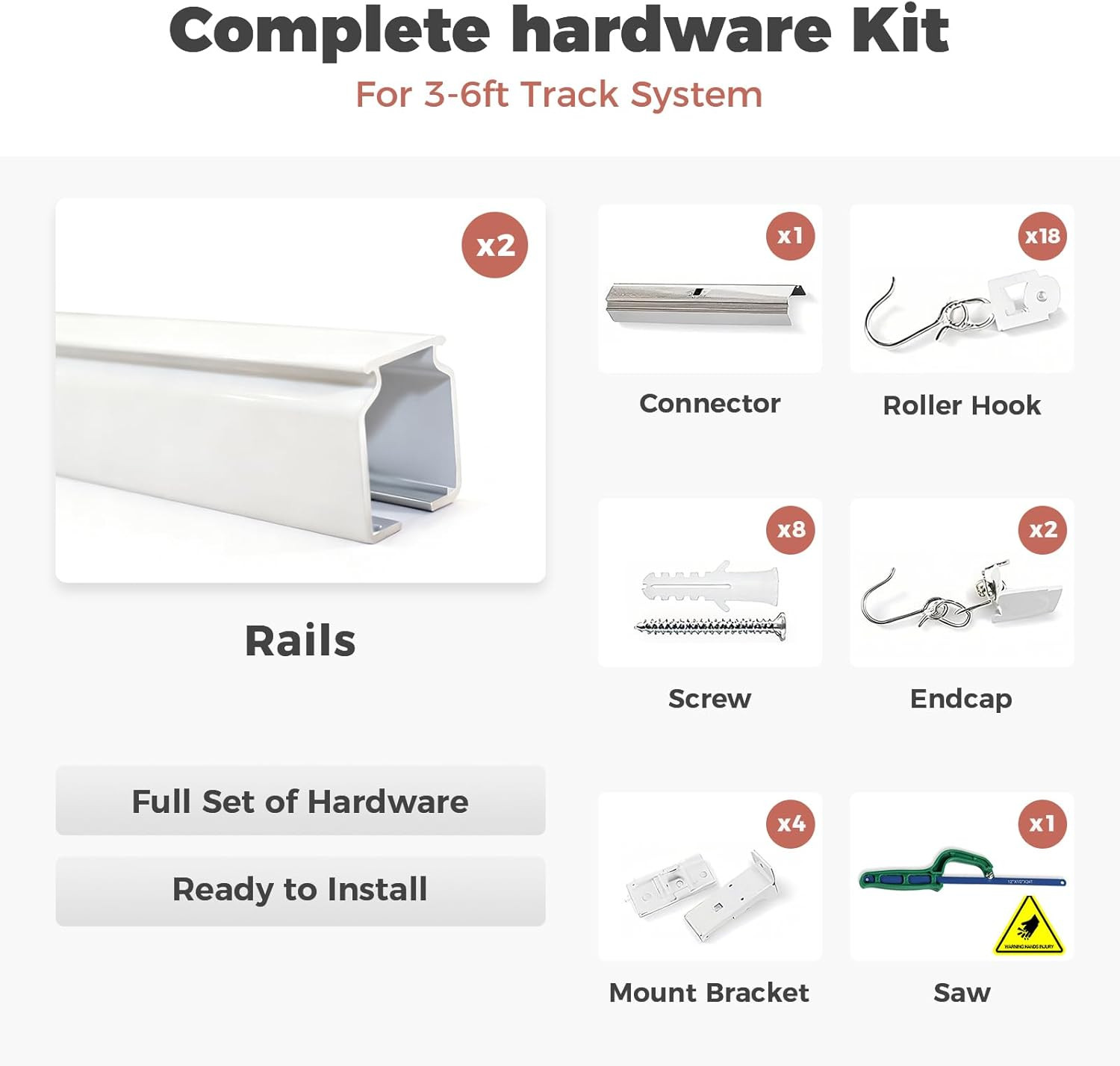 Ceiling or Wall Mount Curtain Track Kit with Hooks, 3Ft – 6Ft Adjustable Length