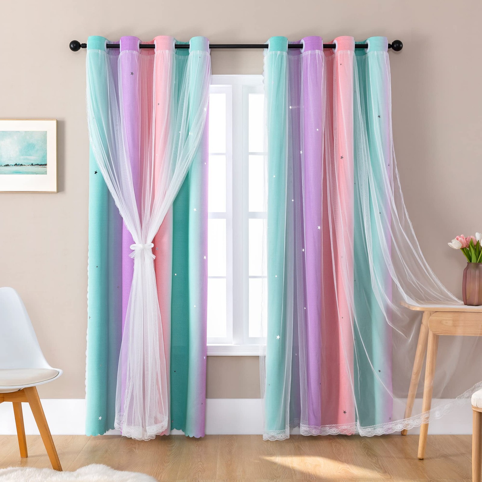 XiDi Curtains for Girls Bedroom Decor Rainbow Blackout Curtains for Kids/Little