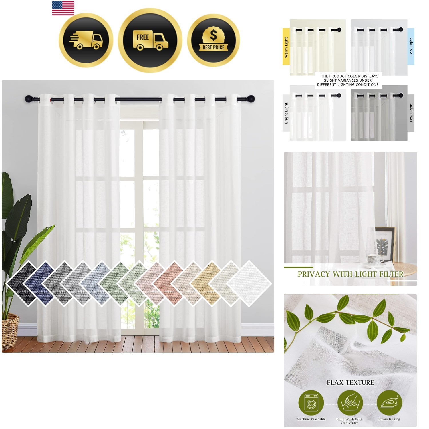 White Sheer Linen Curtains for Living Room 84 inch Length 2 Panels Set, Gromm…