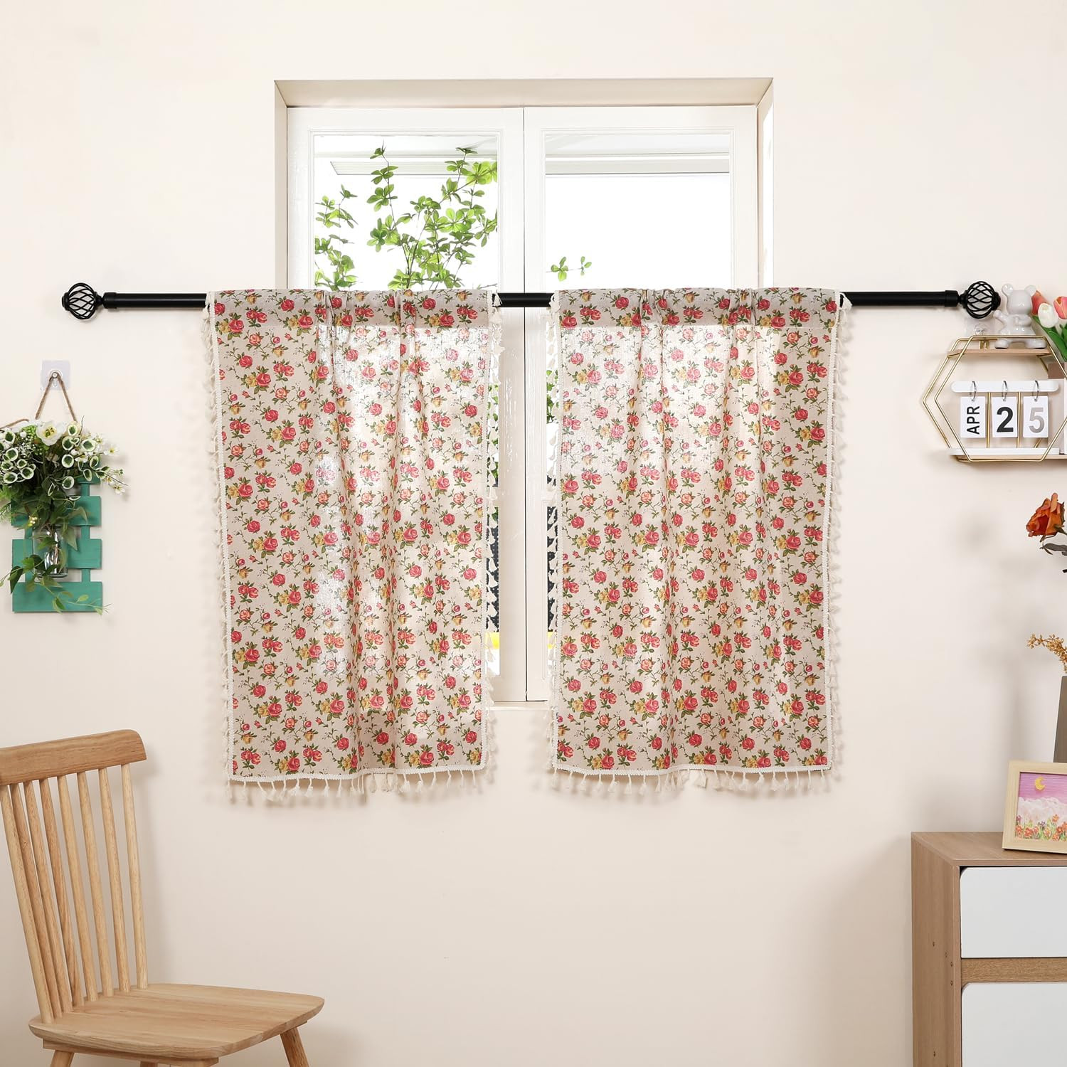 2 Panels Linen Tassels Curtains Farmhouse Red Rose Flower Vintage Semi Sheer Win