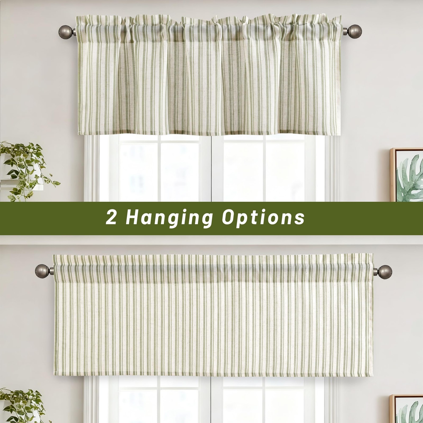 52×18 Inch Kitchen Valance – Thick Textured Linen Striped Window Valance Curt…