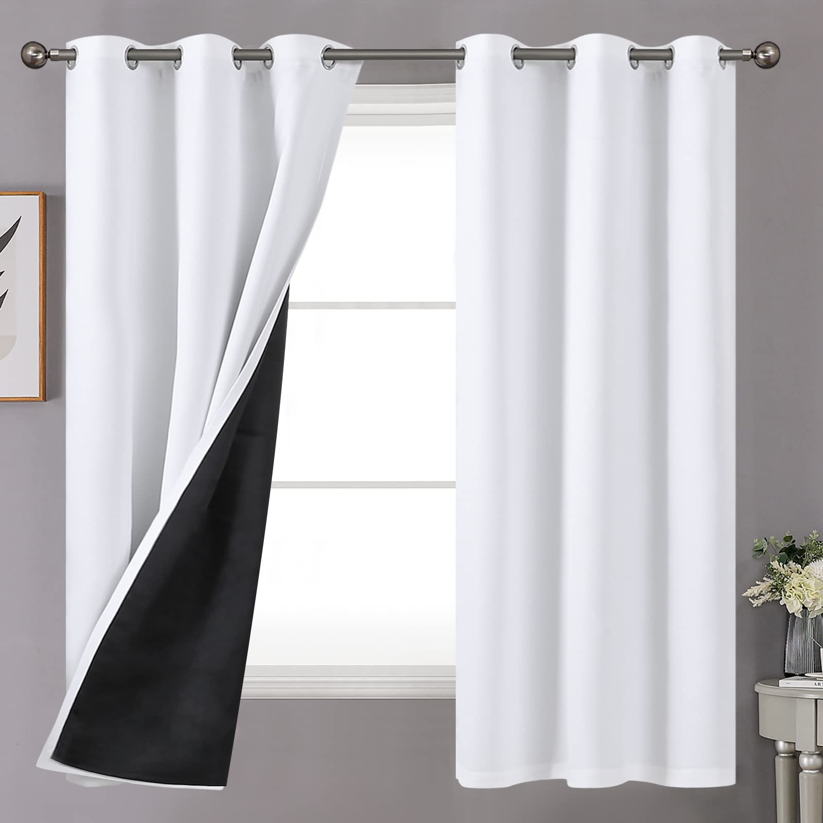 Pure White 100% Blackout Curtains 63 Inches Long for Bedroom