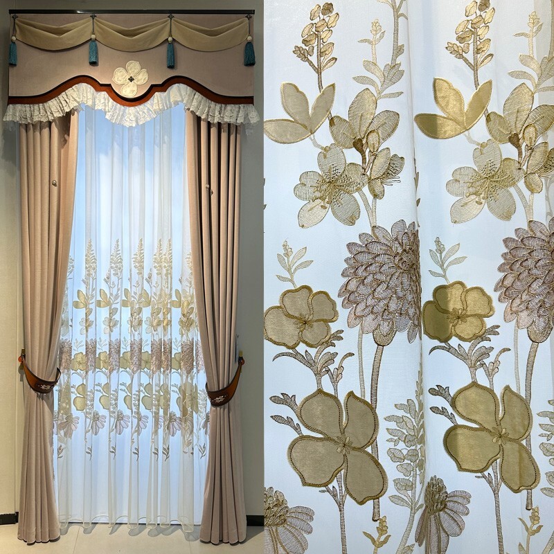 Custom Northern Embroidery cloth pink lace Velvet curtain valance tulle M1708