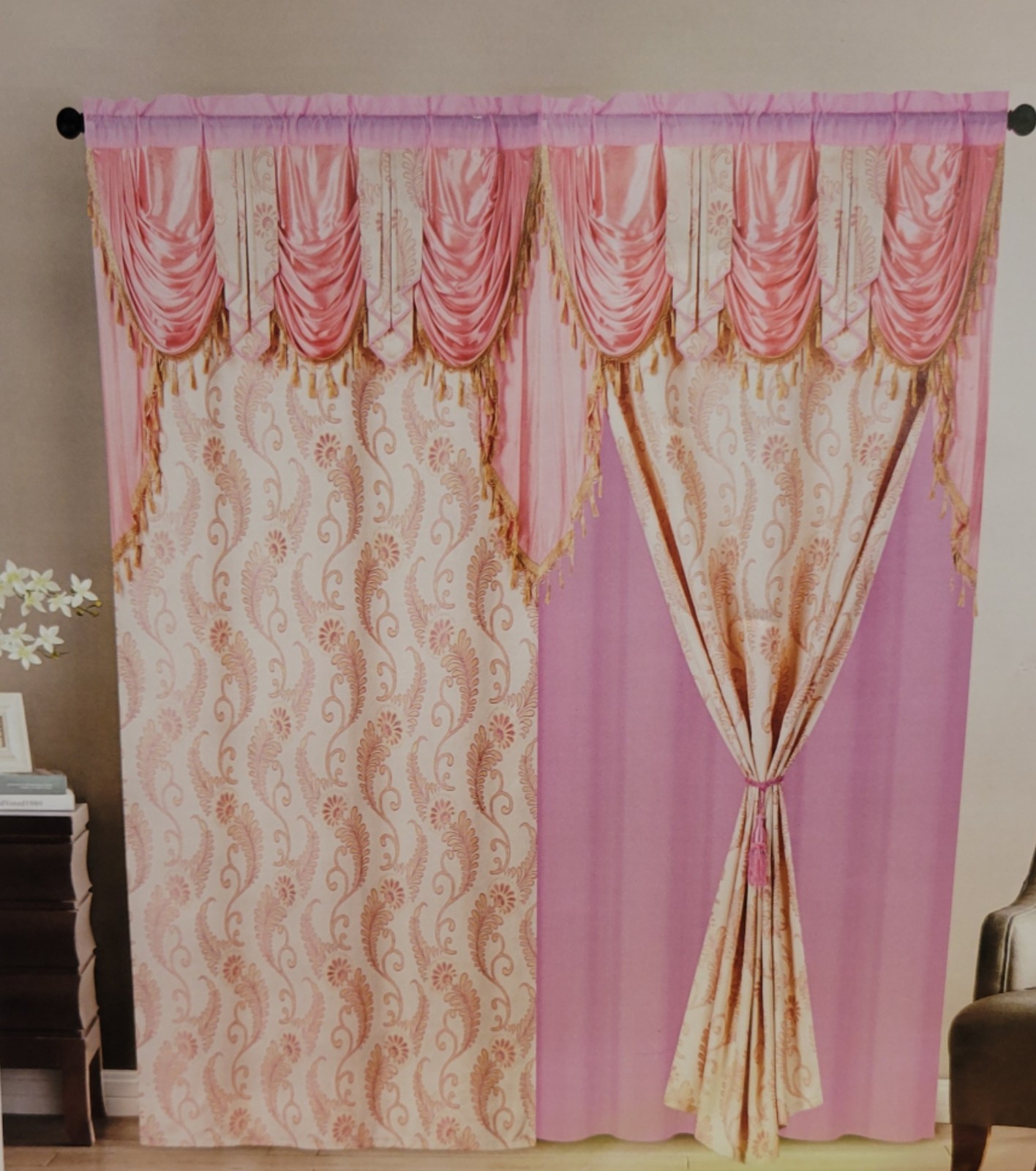 Luxurious Pink and Beige Jacquard Panels With attached valance. 2 Pieces 53″×90″