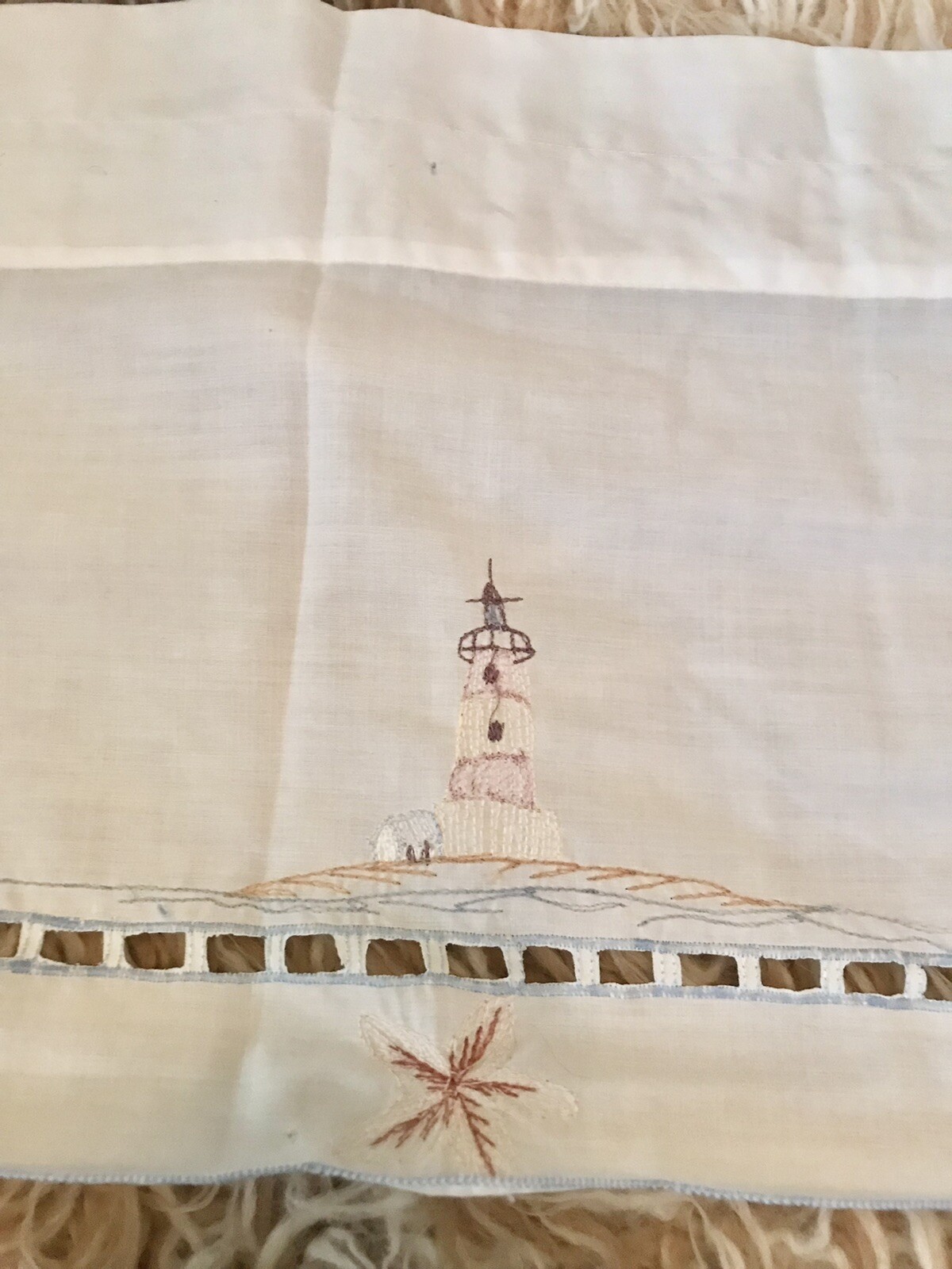 Lighthouse Nautical Valance white /blue embroidered 12”x 58” Seashore Scallop