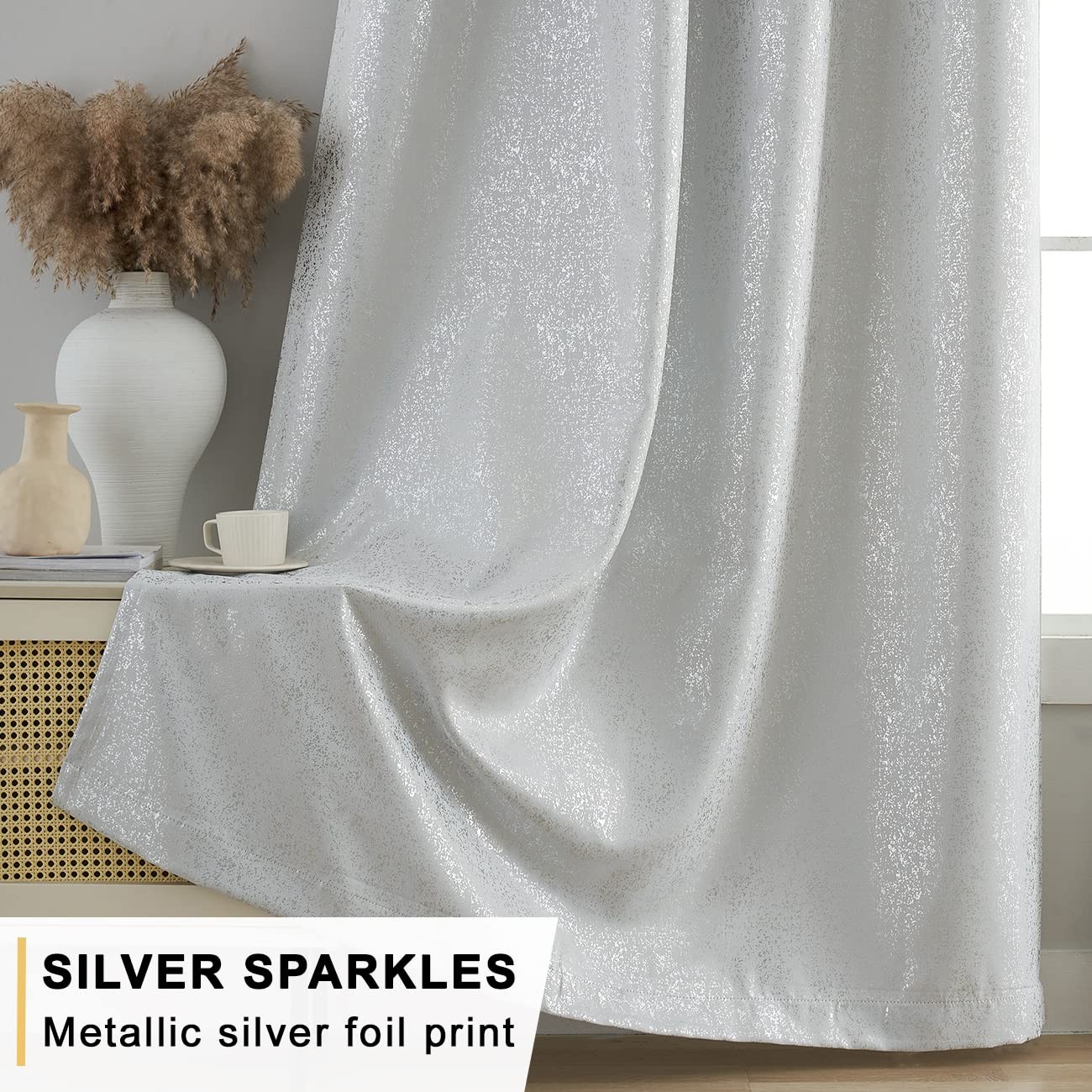 White Blackout Curtains with Silver Foil Dots 52×84 Inch 2 Panels