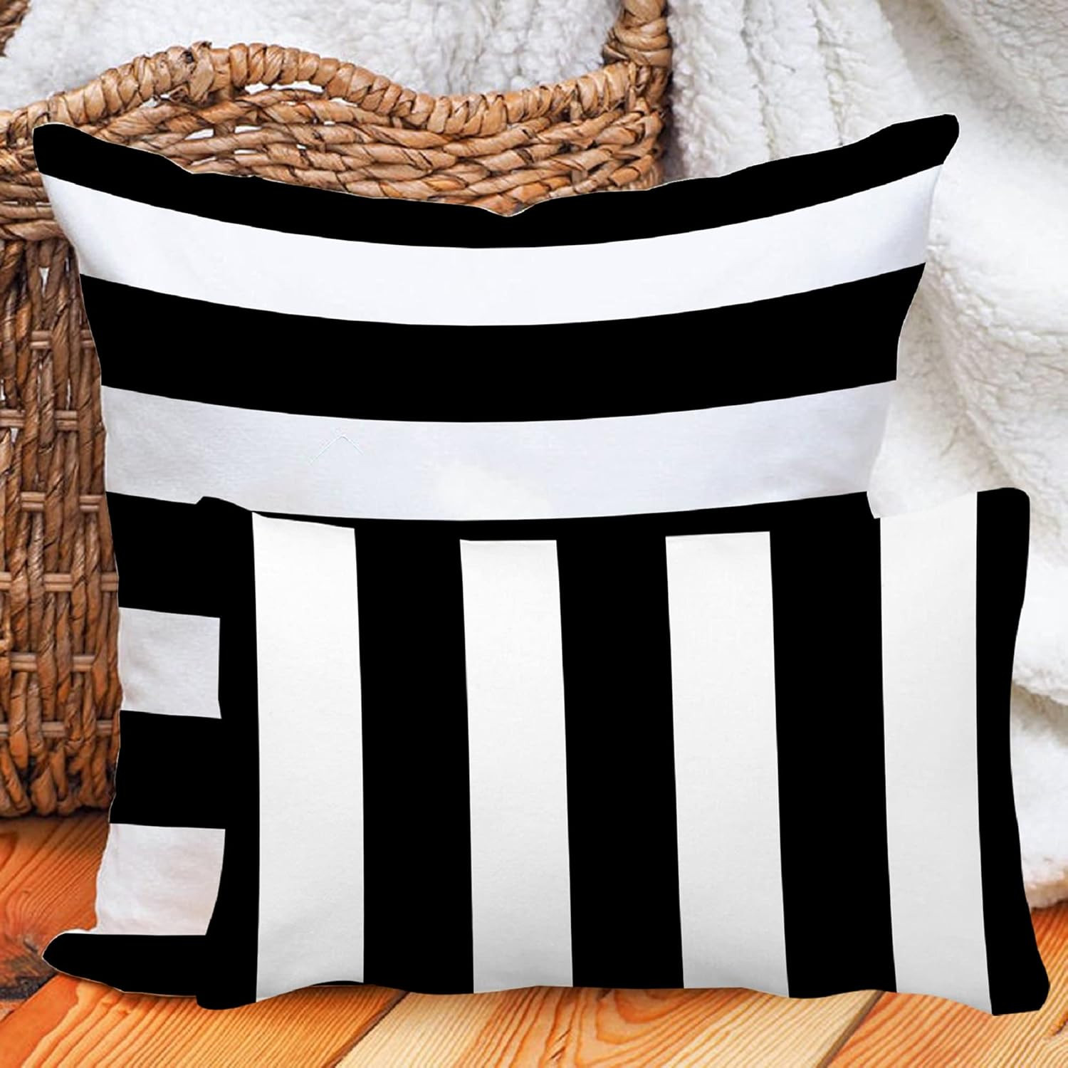 Leaveland White and Black Stripe Set of 2 12X20 Inch Cotton Polyester Square Thr