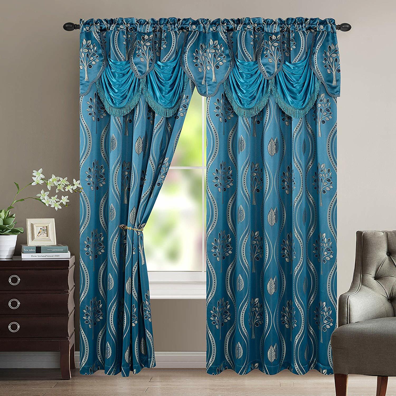 Set 2 Blue Silver Gray Fringe Leaves Curtains Panels Drapes Valance 84 inch L