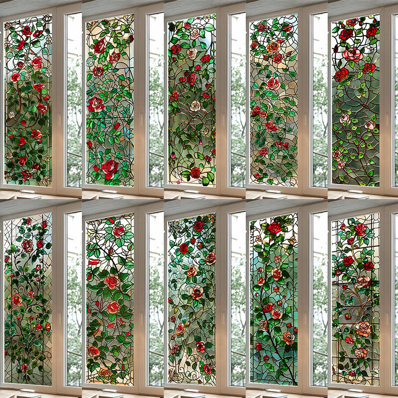 1PC Retro Rose Printed Stained Glass Window Film Self Adhesive Backing Stickers