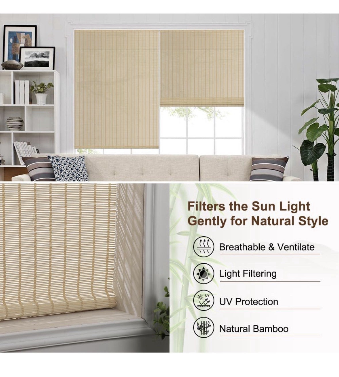 LUCKUP Cordless Bamboo Roman Shade Light Filtering UV Natural 44 x 64 in