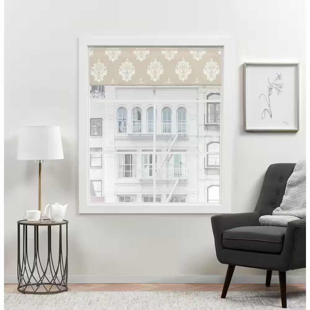 Marseilles Damask Natural Cordless Total Blackout Polyester Roman Shade 27 In. W