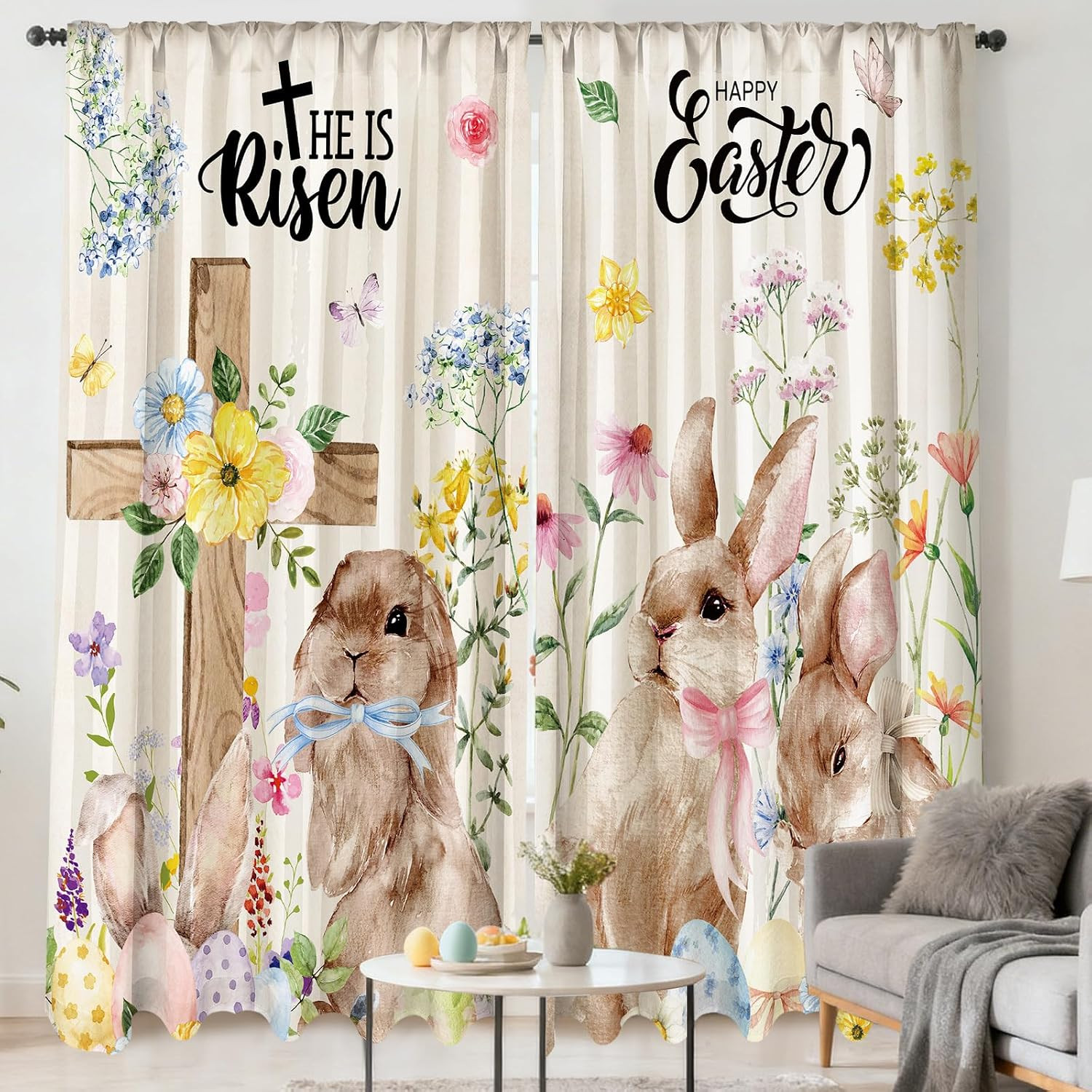 2 Pcs Easter Curtains for Living Room Rabbit Egg Cross Curtains 52 X 84 Inches E