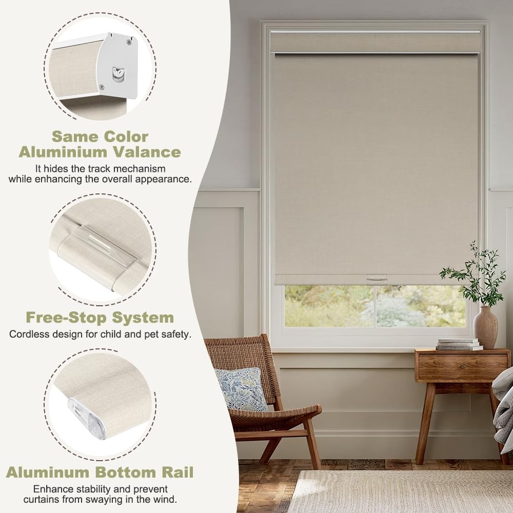 Blackout Roller Shades for Windows, Cordless, Roller Blinds, Linen Fabric Win…