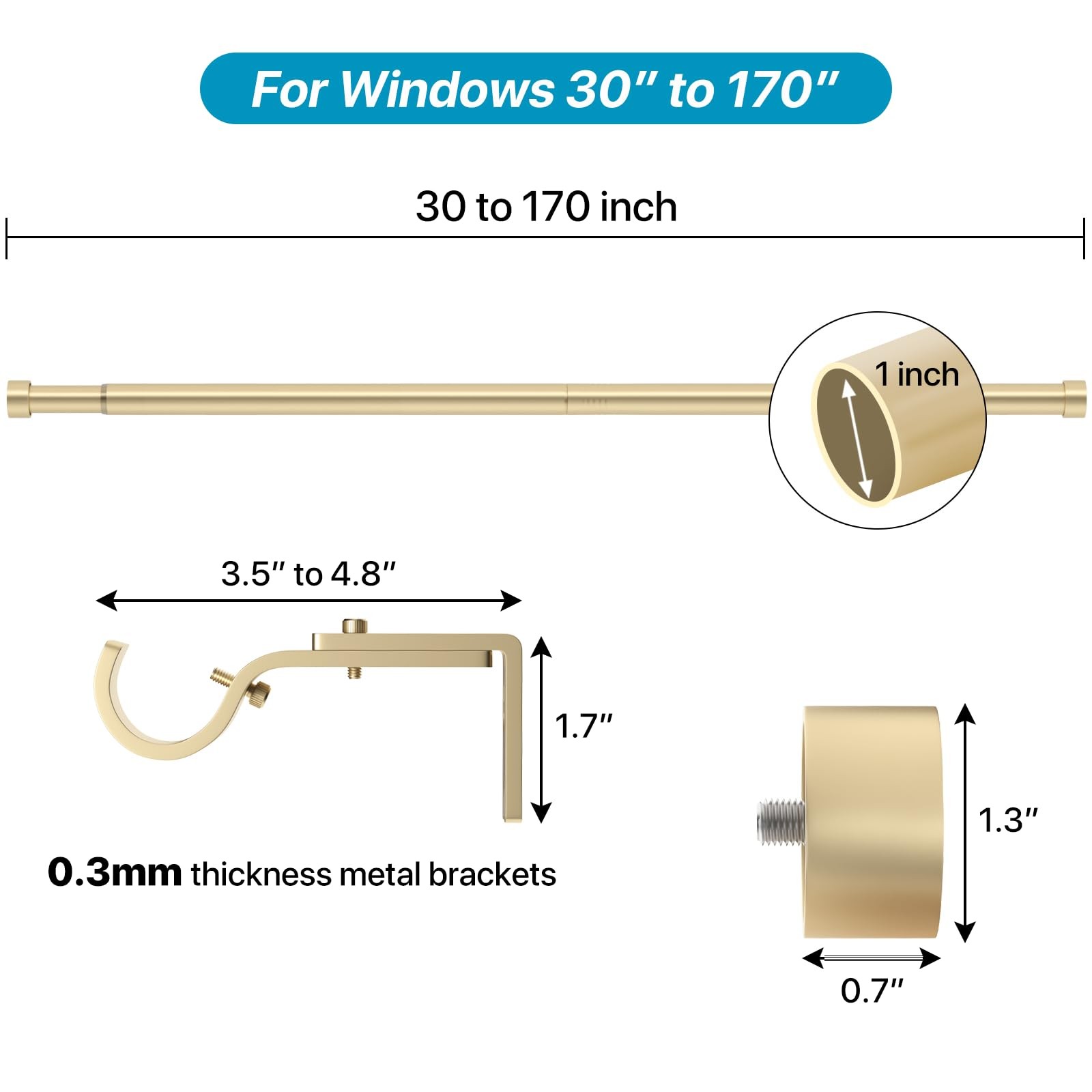 Gold Extra Long Curtain Rods 120-inch to 170-inch, 1 inch Heavy Duty Drapery …