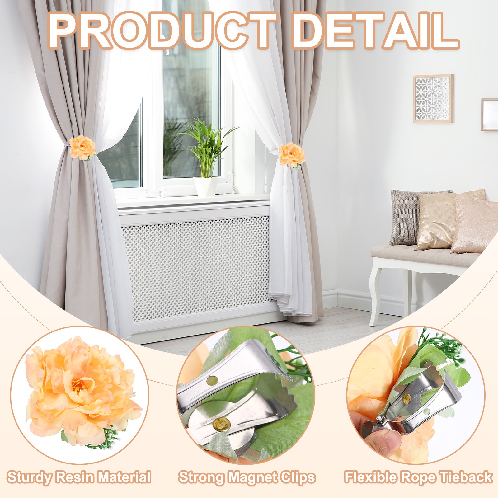 2 Pcs Flower Curtain Tiebacks Artificial Peony Drapery Holder Clip Orange