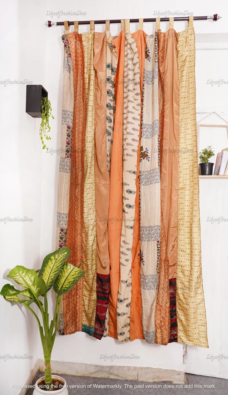 2 Pc Indian Old Recycle Silk Saree Boho Multi Curtain Door Drape Decor Curtain