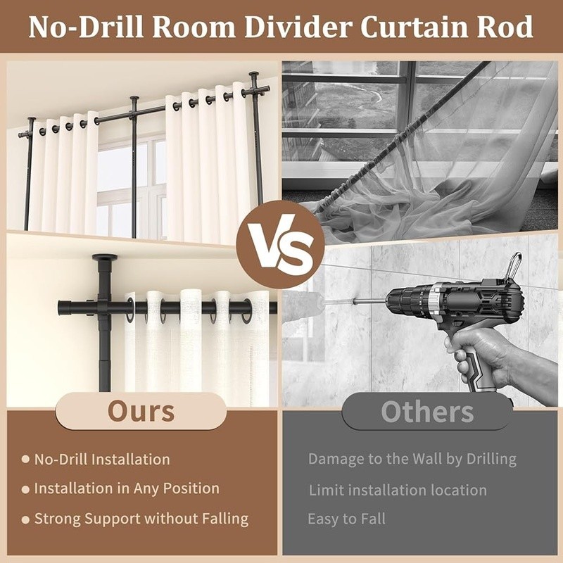 No Drill Room Divider Curtain Rod Adjustable Tension Mounted Easy Installation