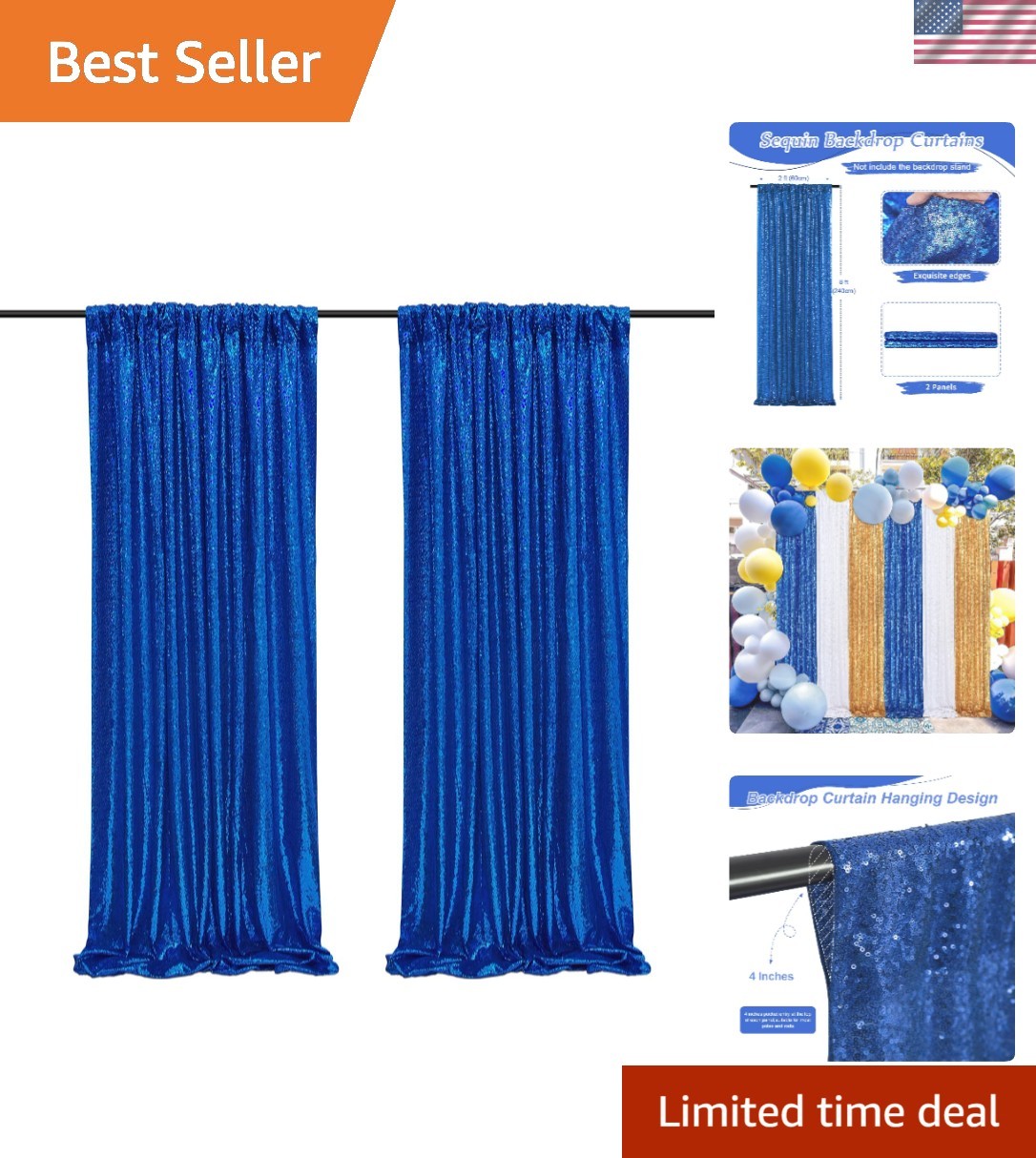 Royal Blue Sequin Backdrop Curtains,2 Panels 2FTx8FT Blue Curtain Backdrop Gl…