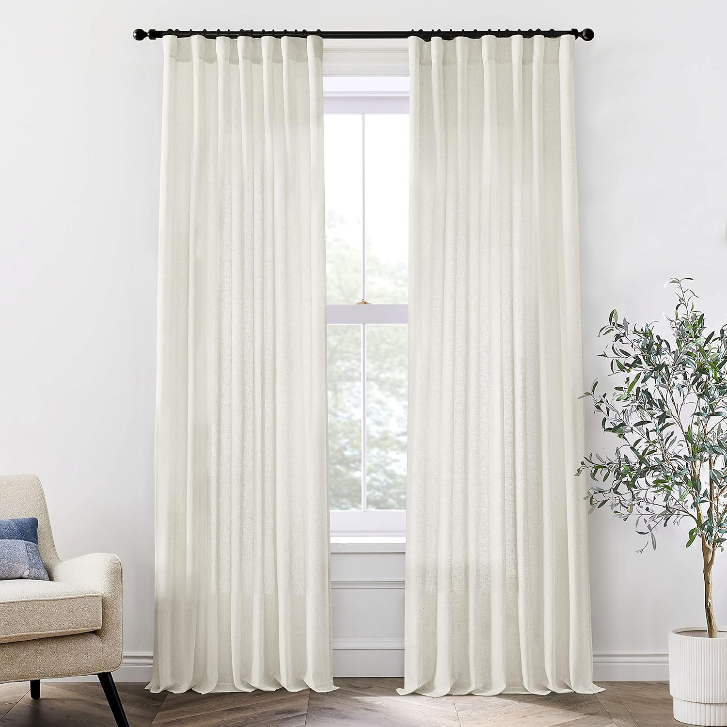 120″ Linen Curtains, Light Filtering Semi Sheer Drapes, 2 Panels, Cream