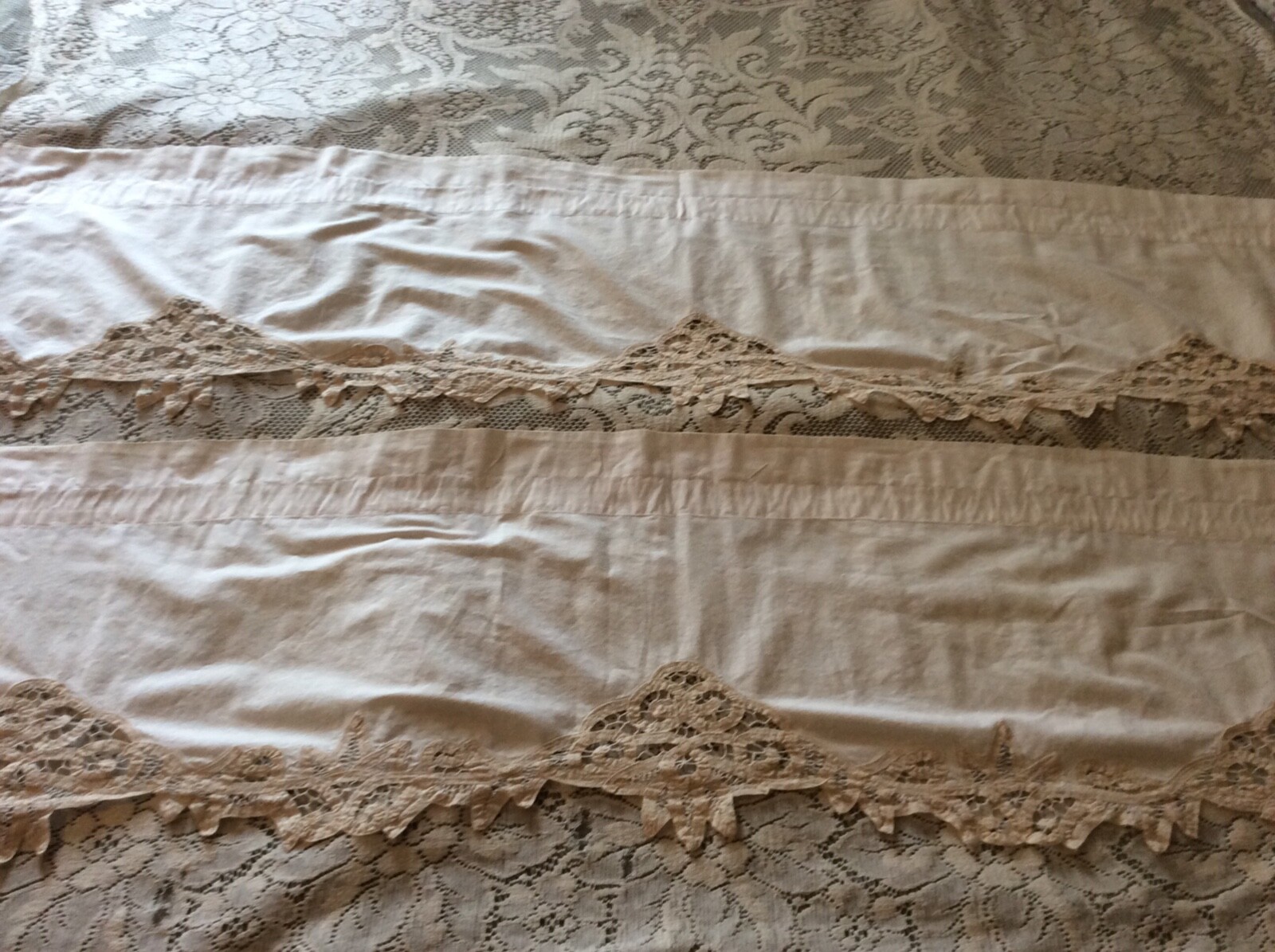 Pair Ivory Battenburg Lace Curtain Window Valance 58 x 14 Handmade Cotton