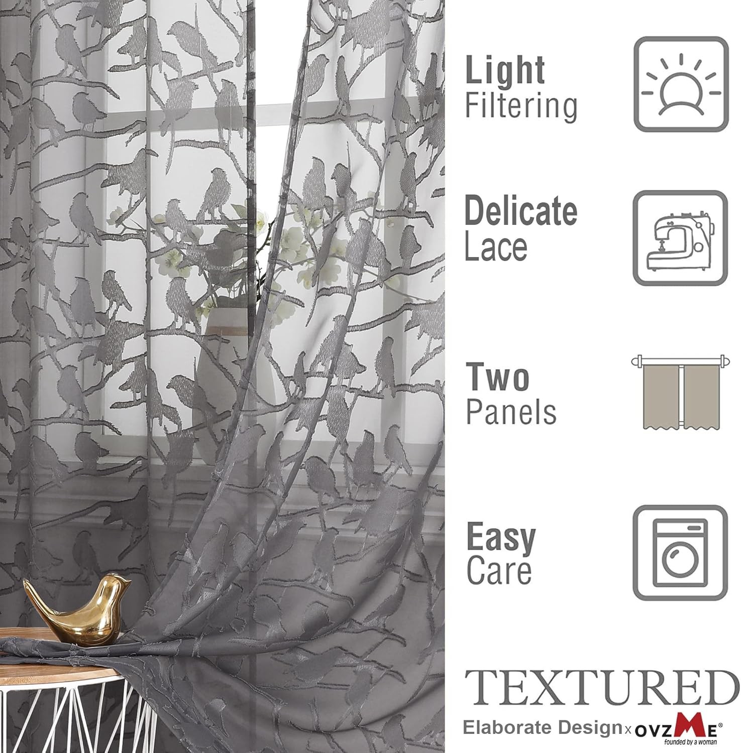 Anji Sheer Grey Curtains 63 Inches Long, Light & Airy 38W x 63L,