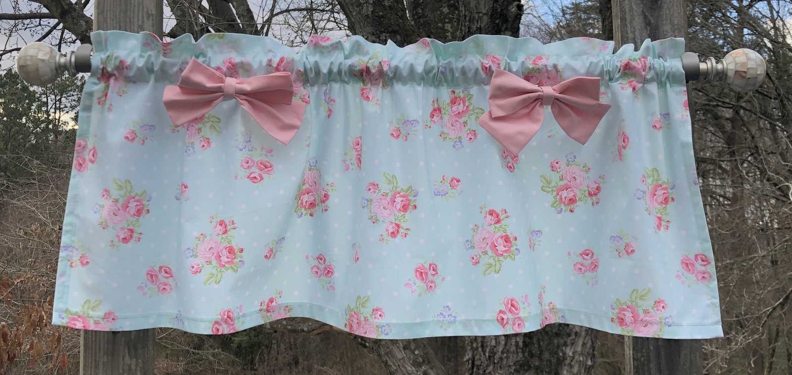 Pink Roses Blue Valance Pink Bows Shabby Chic Floral Window Curtain t3/9