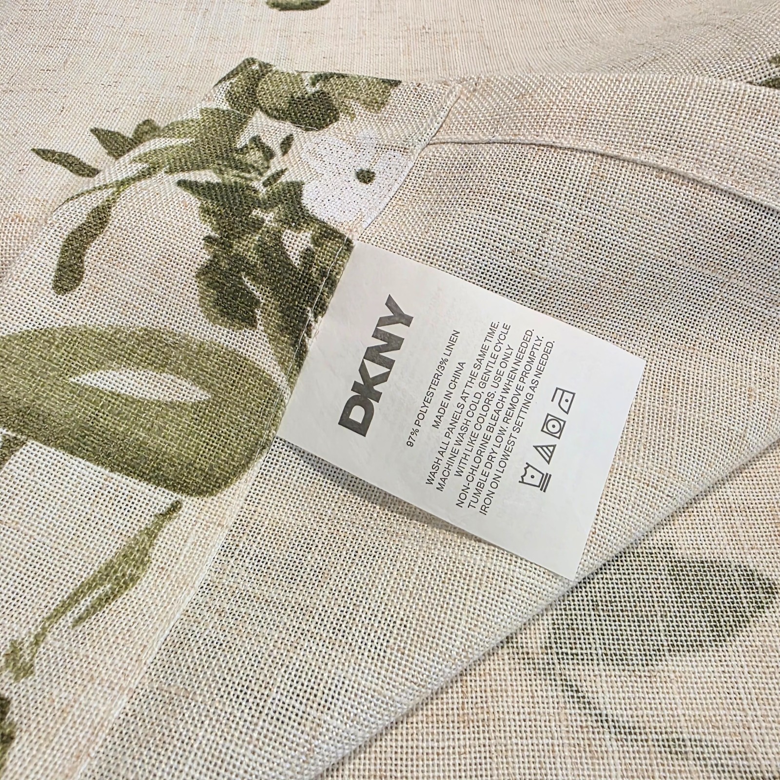 DKNY Floral Sketch Curtains Set of 4 37×84 Loden Natural Linen Blend New