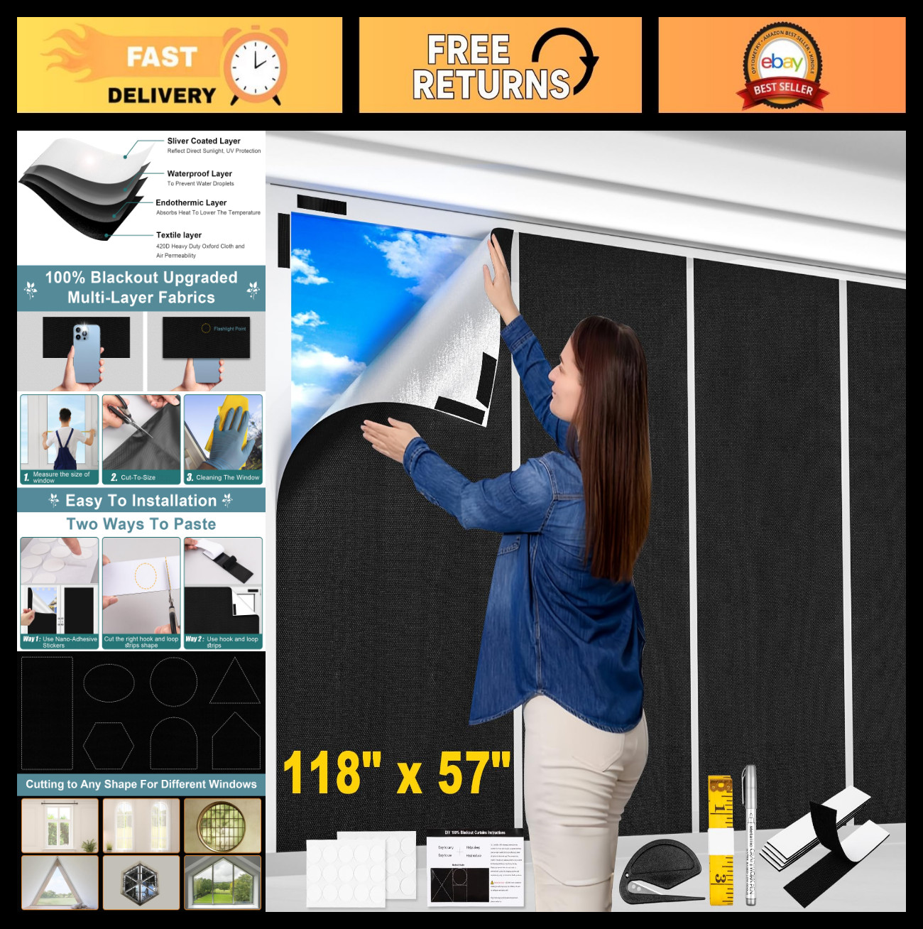 100% Blackout Window Cover 118×57″ Portable No Drill Privacy Shades, Cuttable Cu