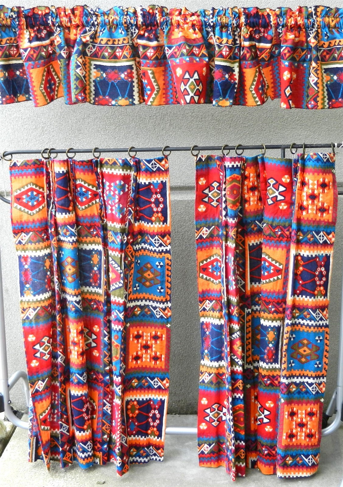 Vtg Cotton Cafe Curtain /Valance Set 33 1/2″ Multicolor Block Print Indian T45
