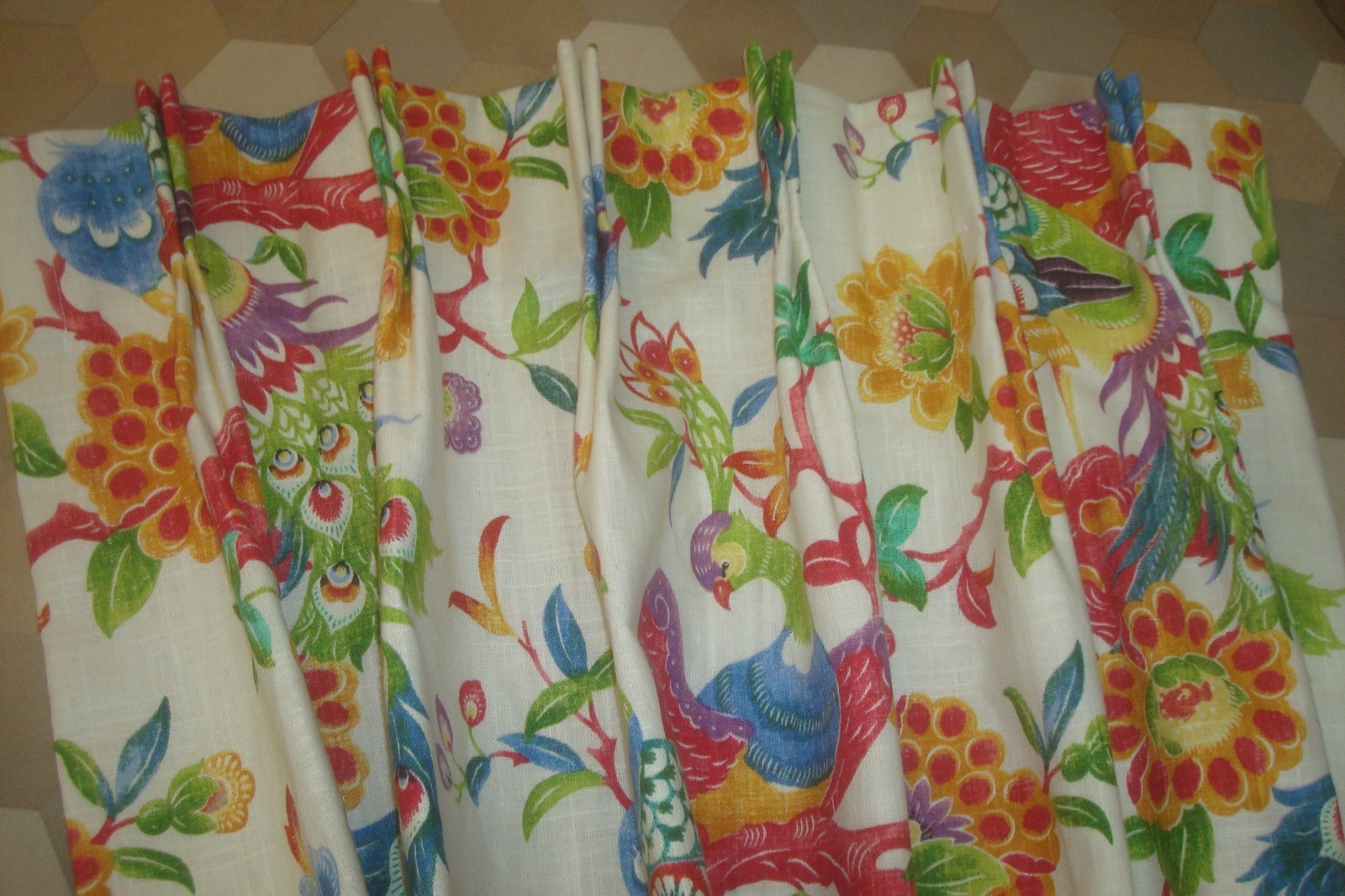 New Custom DRAPES Lined 2 pc LINEN Peacock Floral Fiesta Lark Pleated 96″ lg