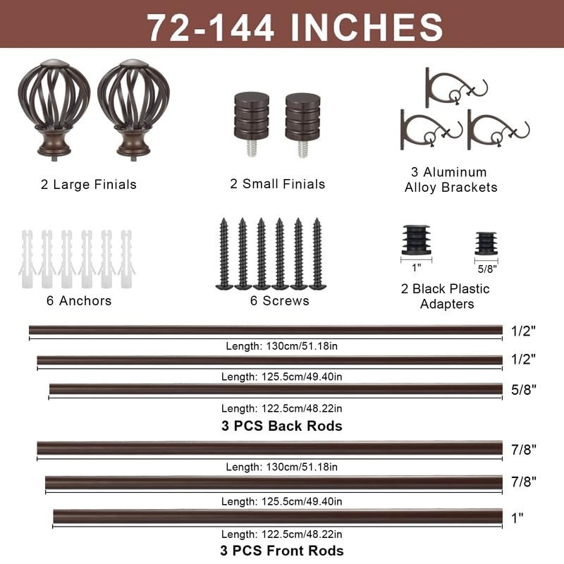 Yun Nephele Brown Double Curtain Rods 72-144 Decorative Double Curtain Rods
