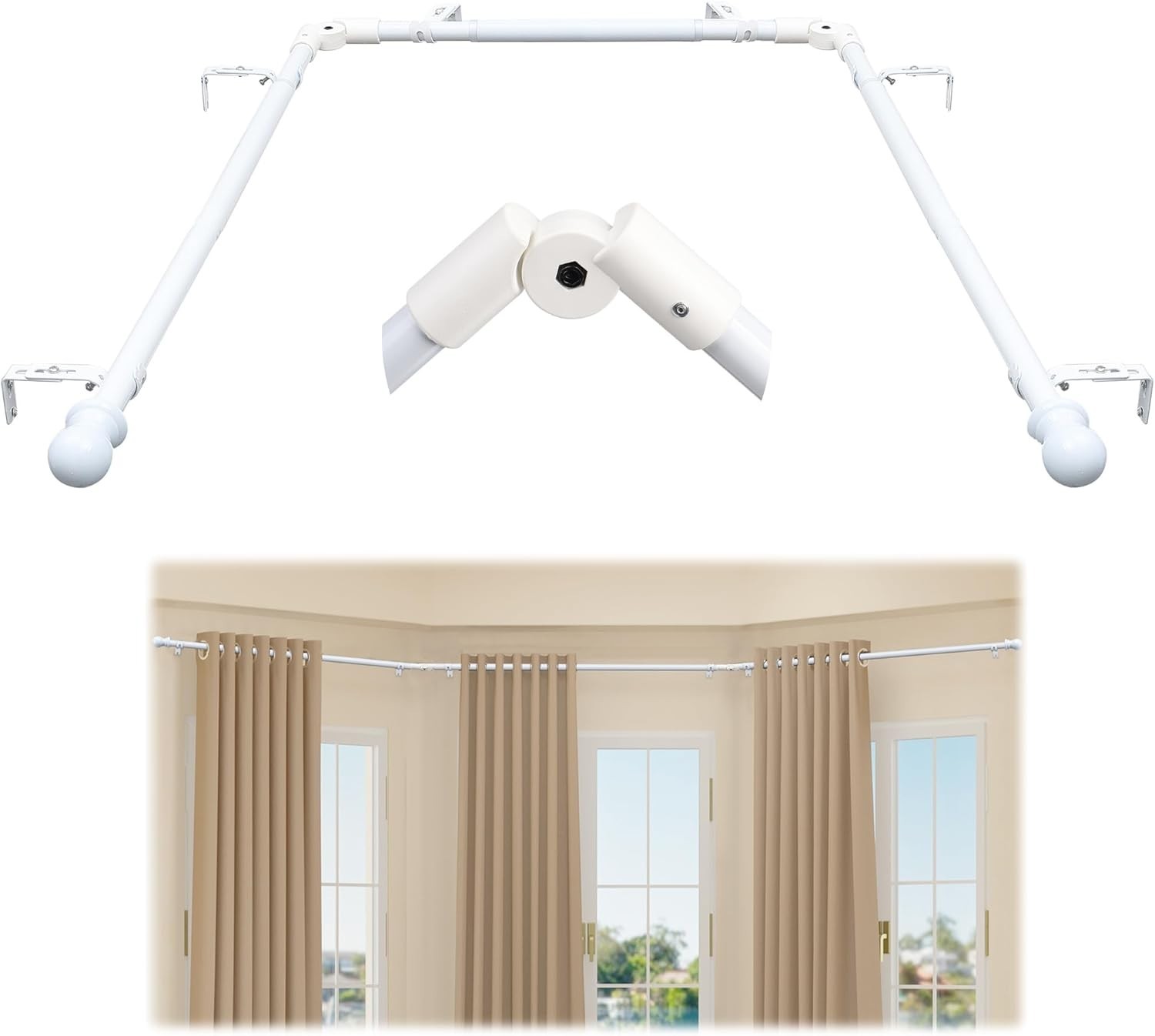 Bay Window Curtain Rods White U-shaped Curved Adjustable Curtain Rods for Win…