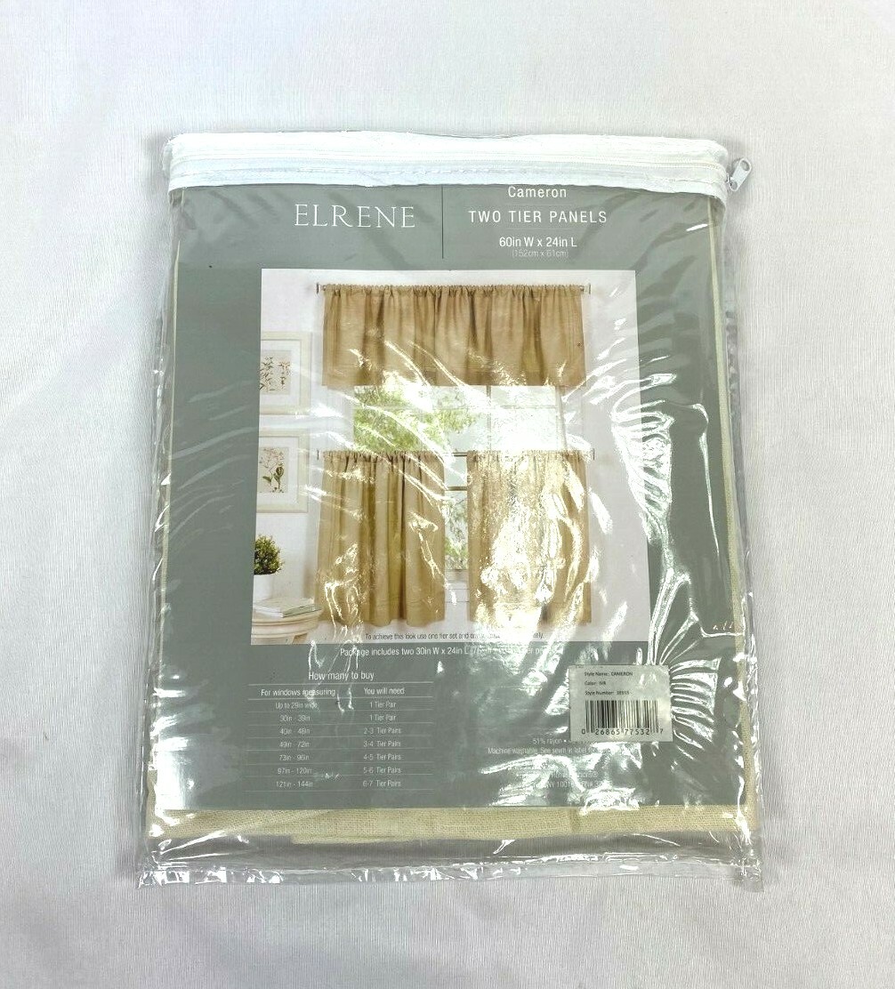 Elrene Beige Cameron Two Tier Rod-Pocket Curtain Panels, 60″x24″
