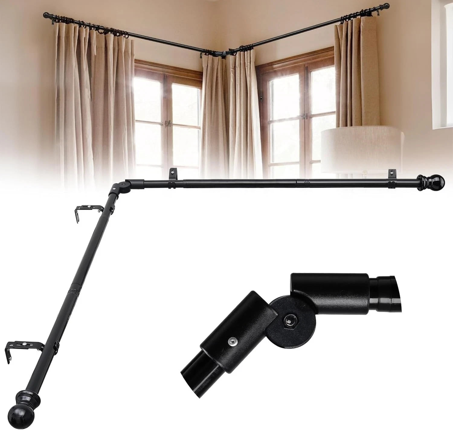 32-134″ Black Corner Curtain Rod for Windows 1″ Heavy Duty Metal L Shaped