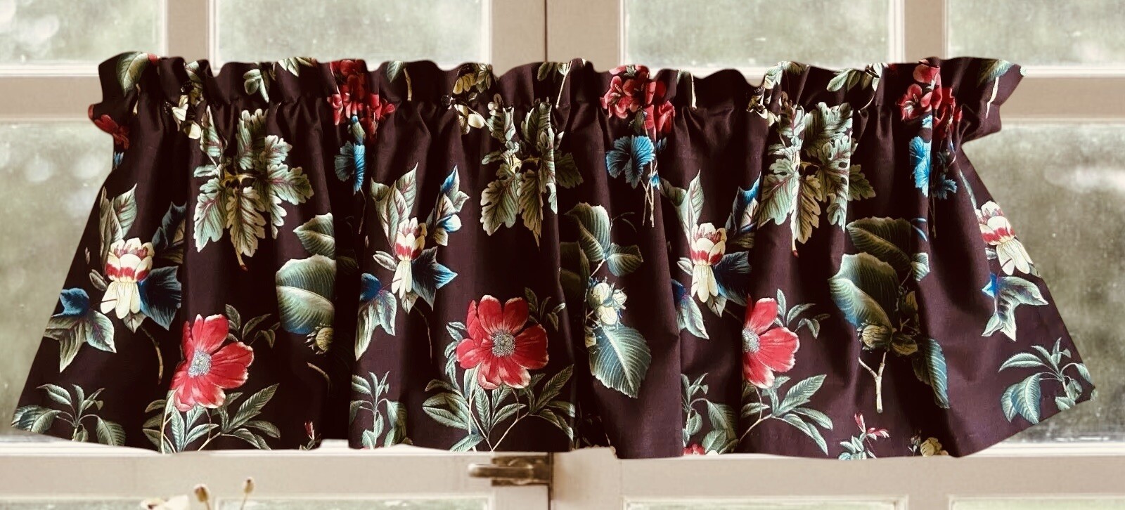 2 Rose Tree QUEENSLAND Tailored Valances Pair 19 x 80 Brown Floral Lined Curtain