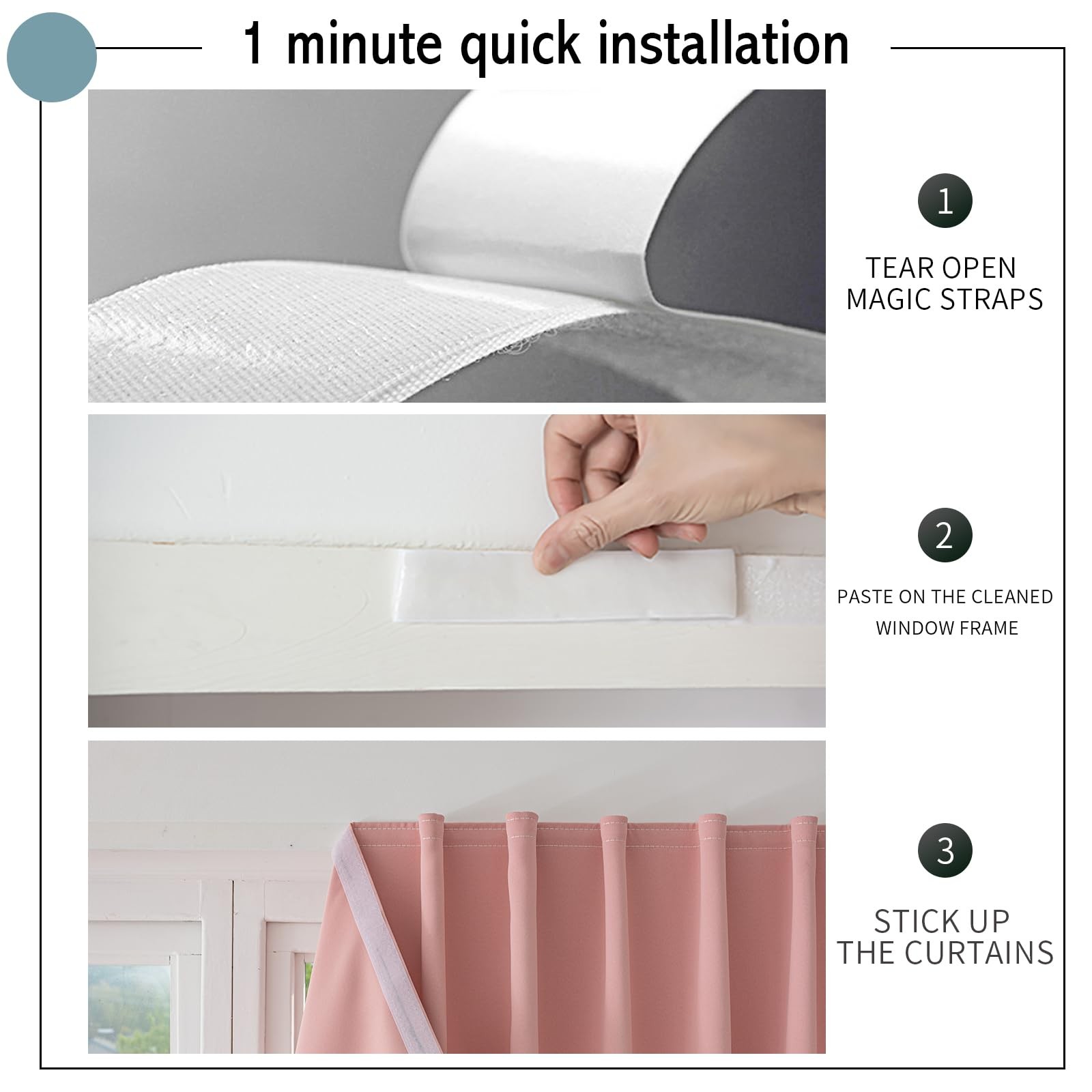 Jilron Magic Tape Stick on Curtains Blackout Self Adhesive No Drilling 47″W x