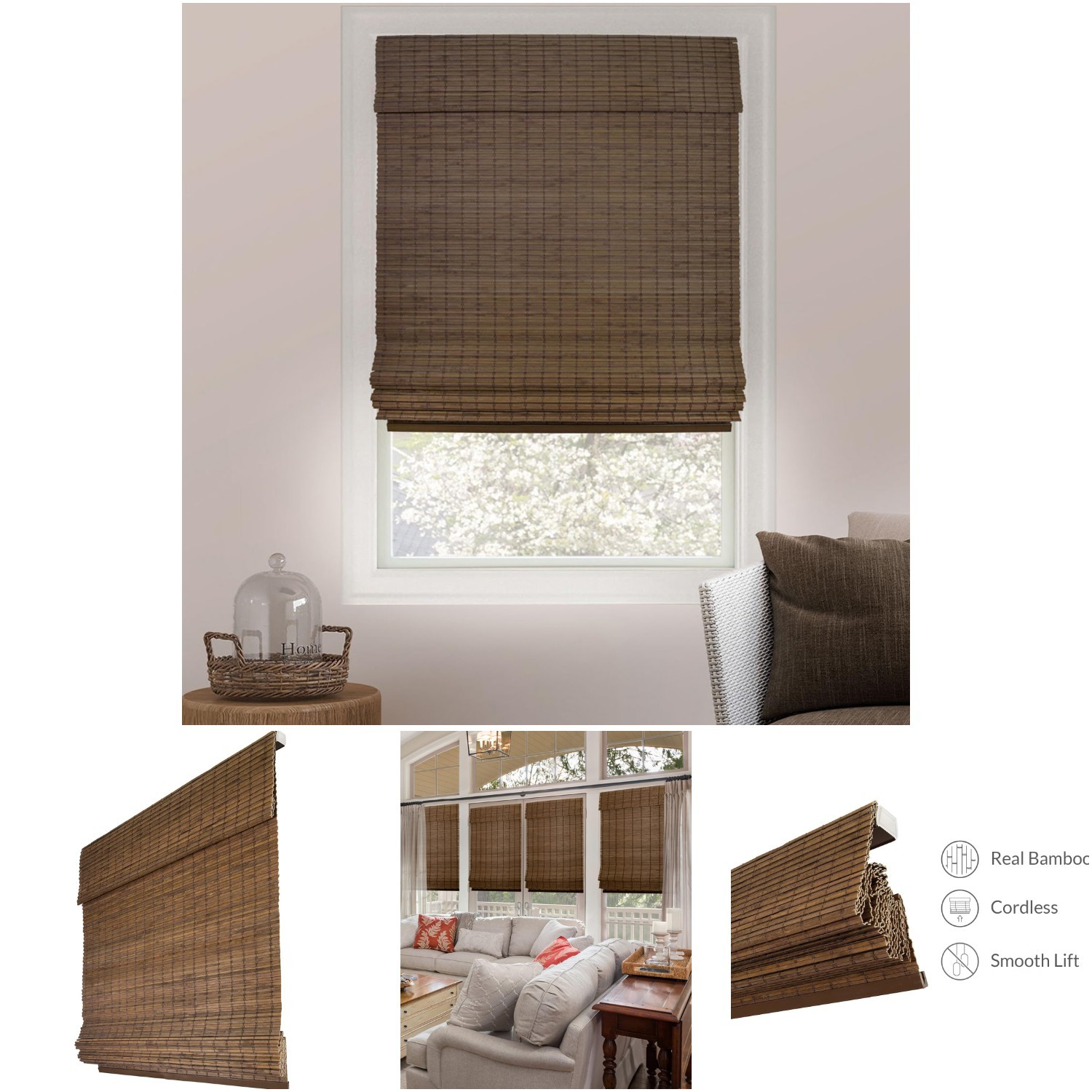 Bamboo Roman Shades Blackout Blinds 27′ W X 64′ H Moose Brown