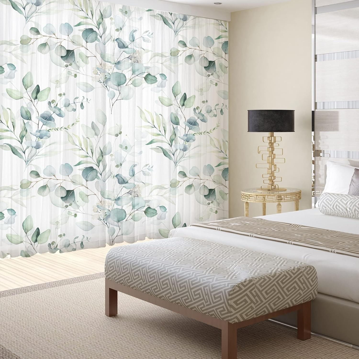 Green Eucalyptus Leaves Curtains for Living Room 96 inch Length 2 Panels Set
