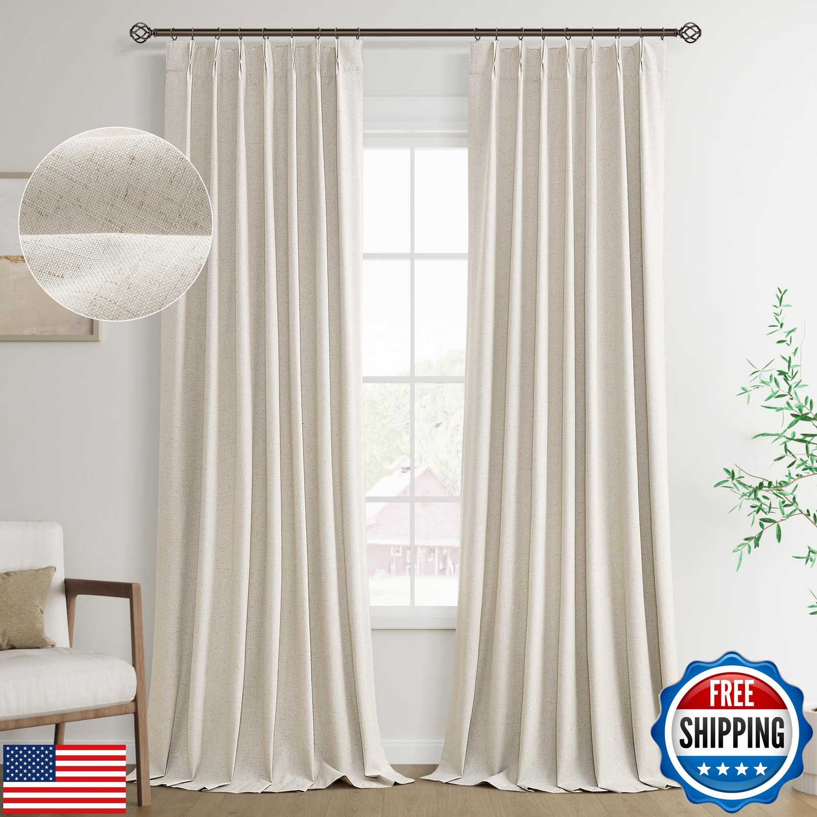Joywell Linen 100% Blackout Curtains 108 Inch Long Floor Length to Ceiling,Pi