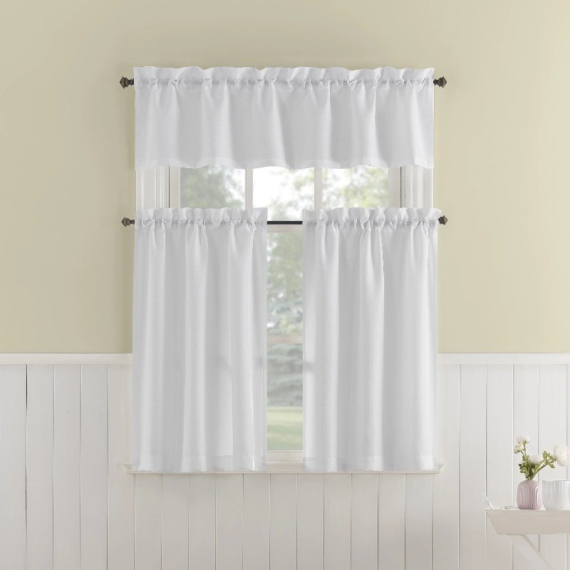 Semi Sheer Tier and Valance Set Navy 56 Inch Wide 36 Inch Long Textured Cafe