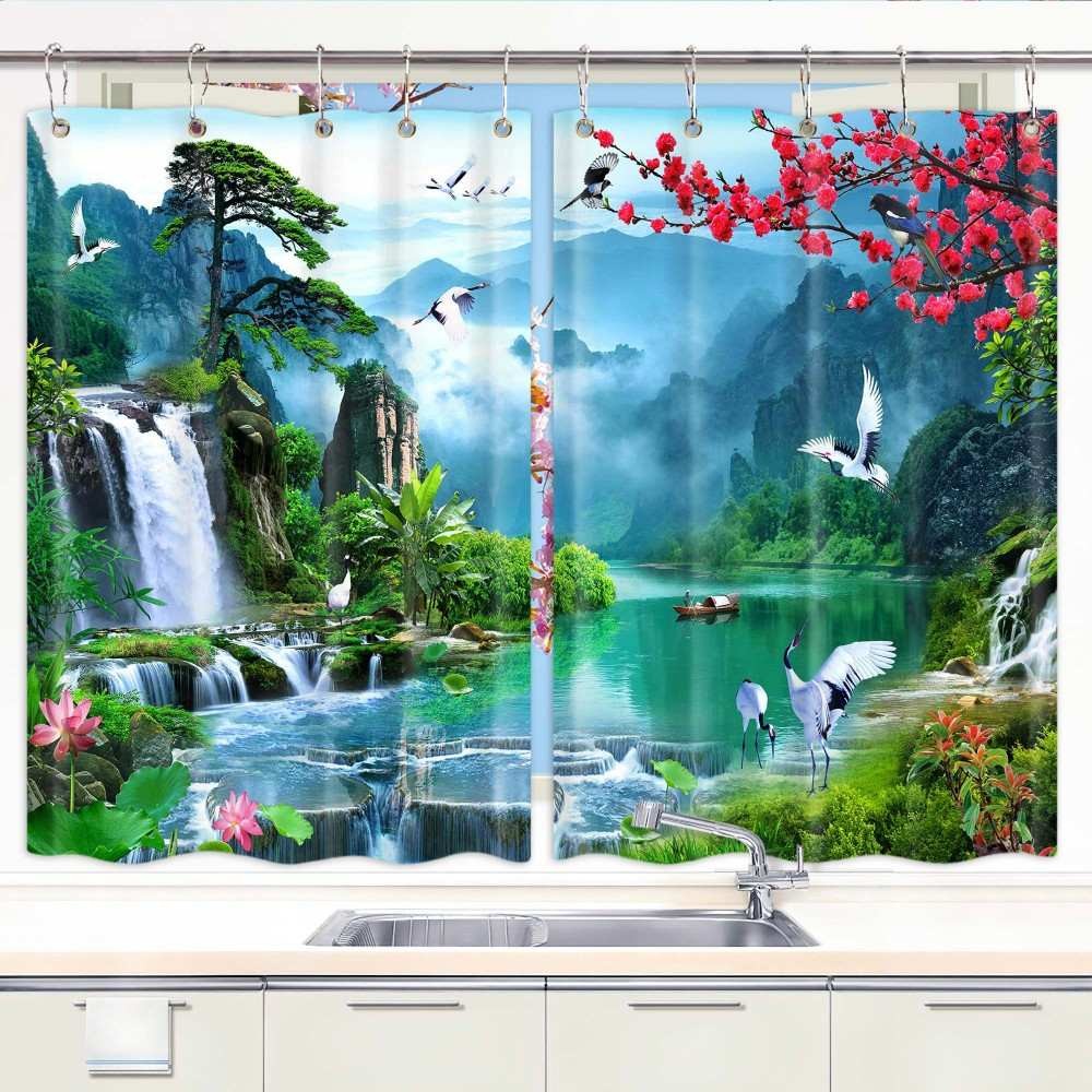 Waterfall Landscape 3D Kitchen Curtains Window Drapes 2 Panel Set with Hooks