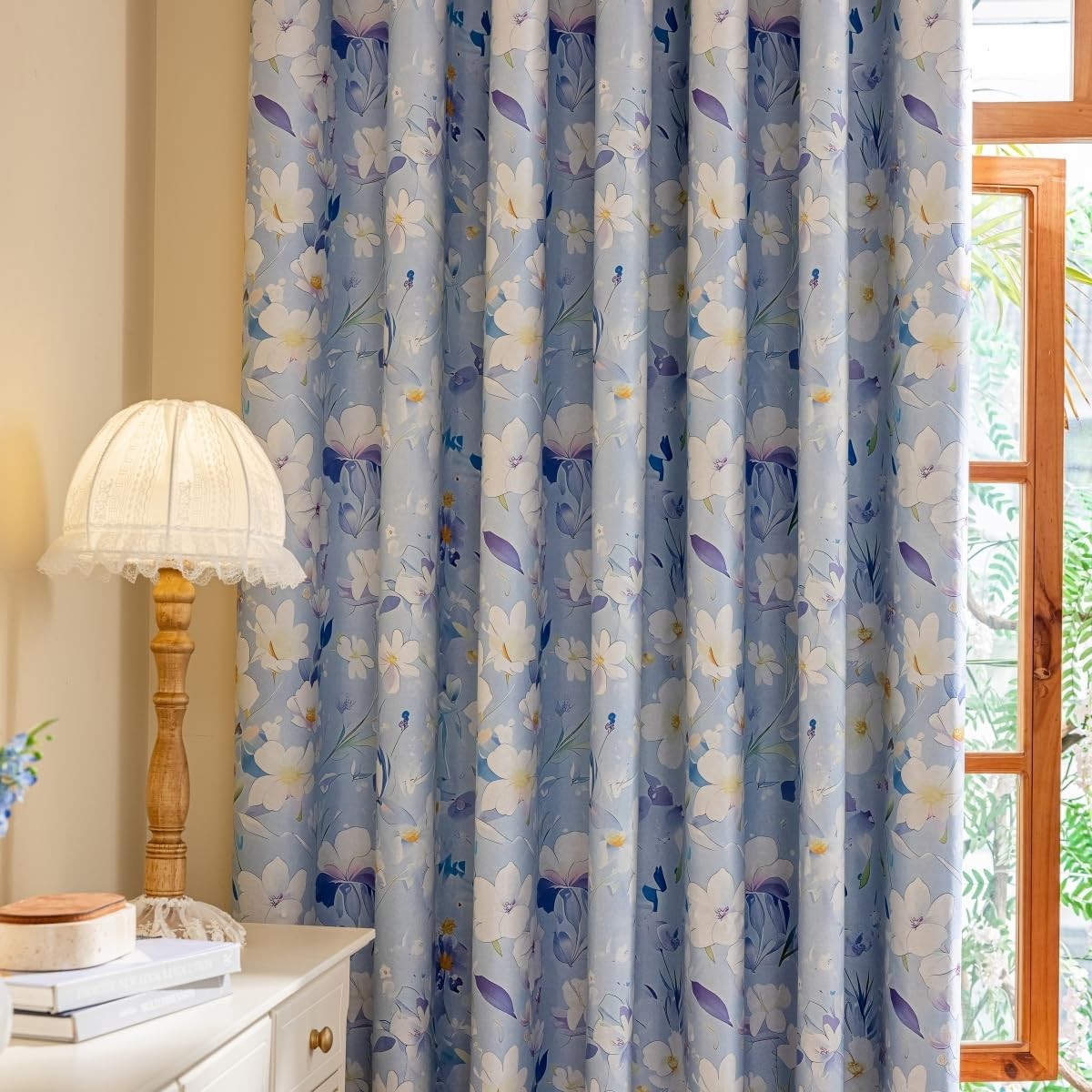 White Floral Blackout Curtains Grommet Top Drapes, 2 Panels, Blue, 52x84inch