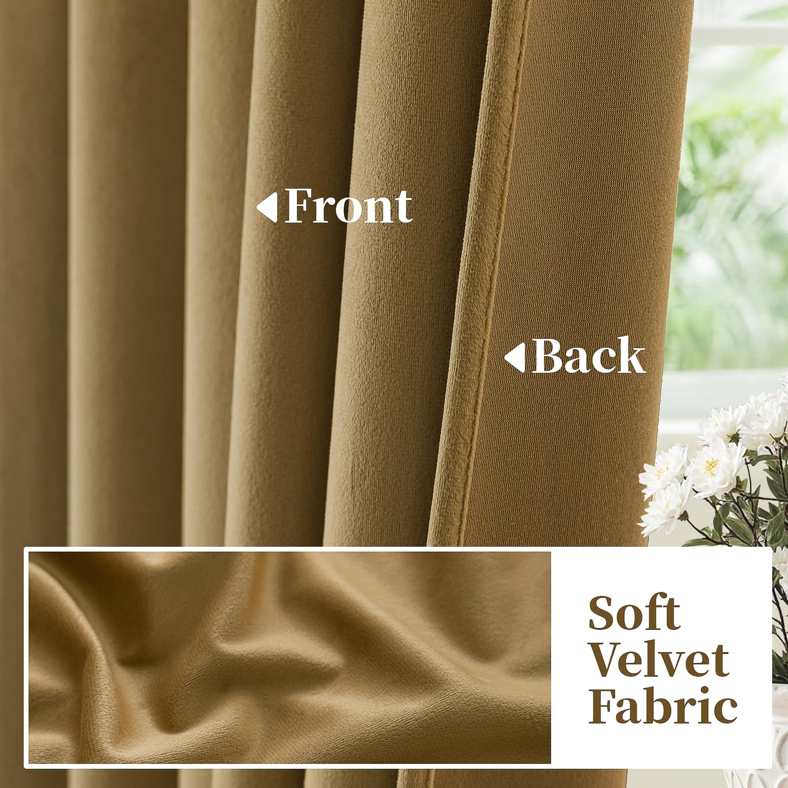 Golden Brown Velvet Curtains 96 Inches for Living Room,Rod Pocket Luxury Blac…