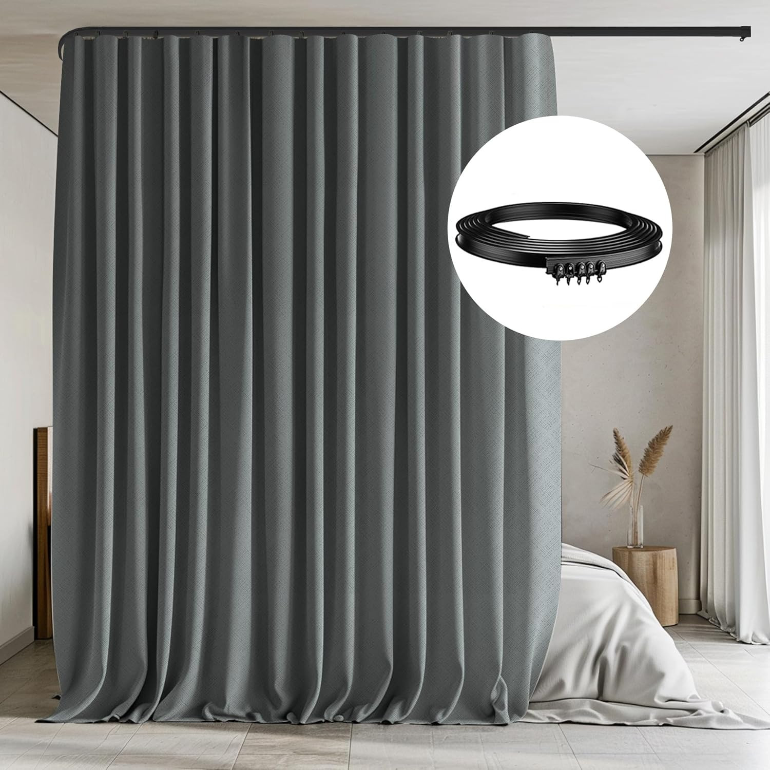 Flexible Room Divider Curtains with Blackout Tracks – Dark Grey, 15×8 FT