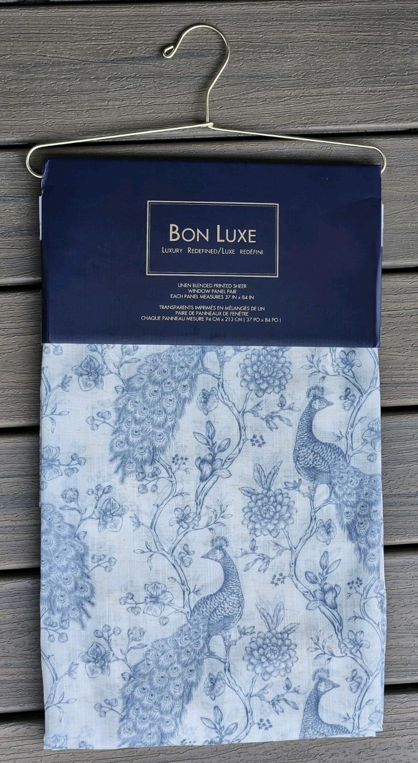 NEW Bon Luxe 2 Piece Peacock Toile Sheer Curtains 37×84 Blue Linen Blend Panels