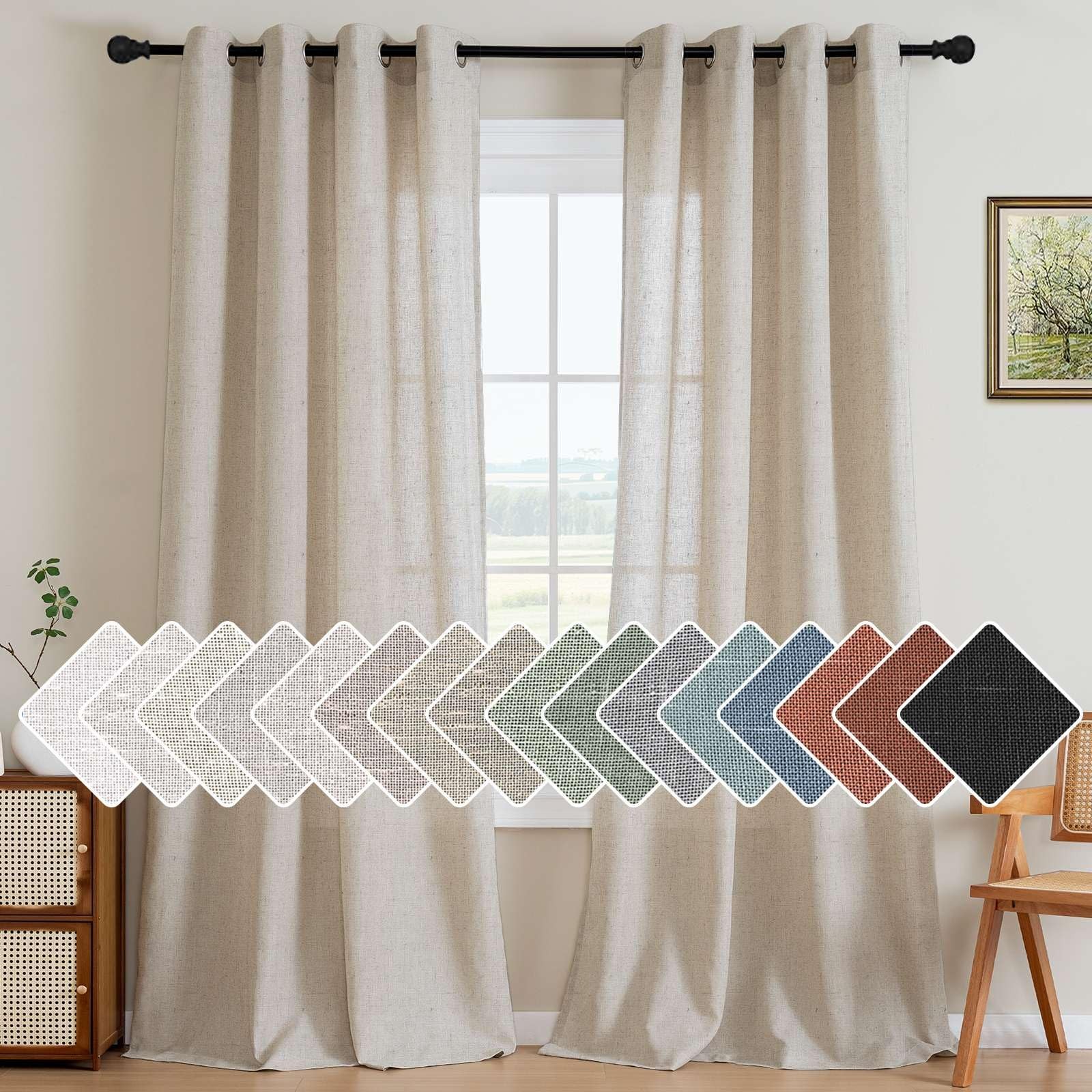 H.VERSAILTEX Living Room Linen Semi Sheer Curtains Nickel Grommet Curtains Pr…