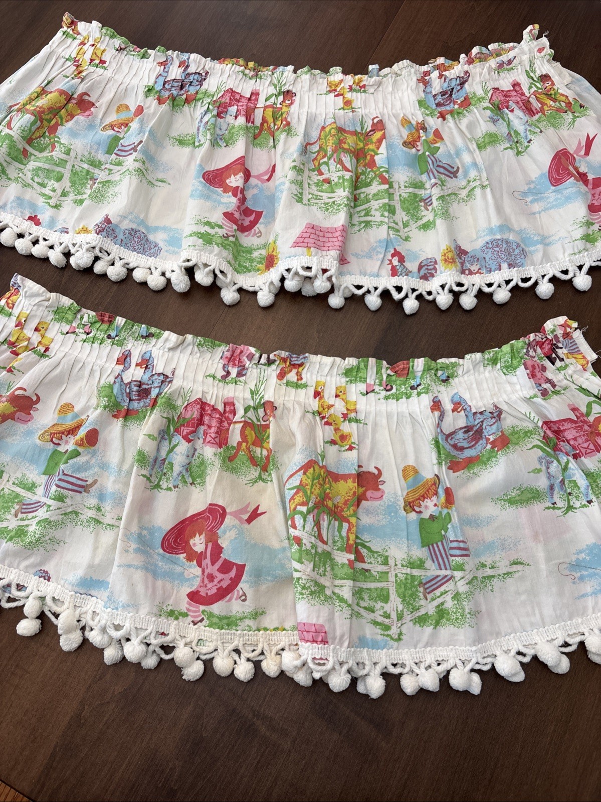 Vtg Kids Novelty Storybook Valance Lot 2 Handmade Rod Pocket Pom Pom Trim Retro
