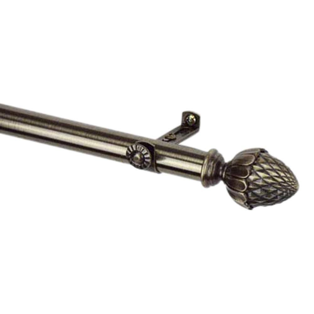 66 In. – 120 In. Telescoping Single Curtain Rod Kit in Antique Brass with Acorn