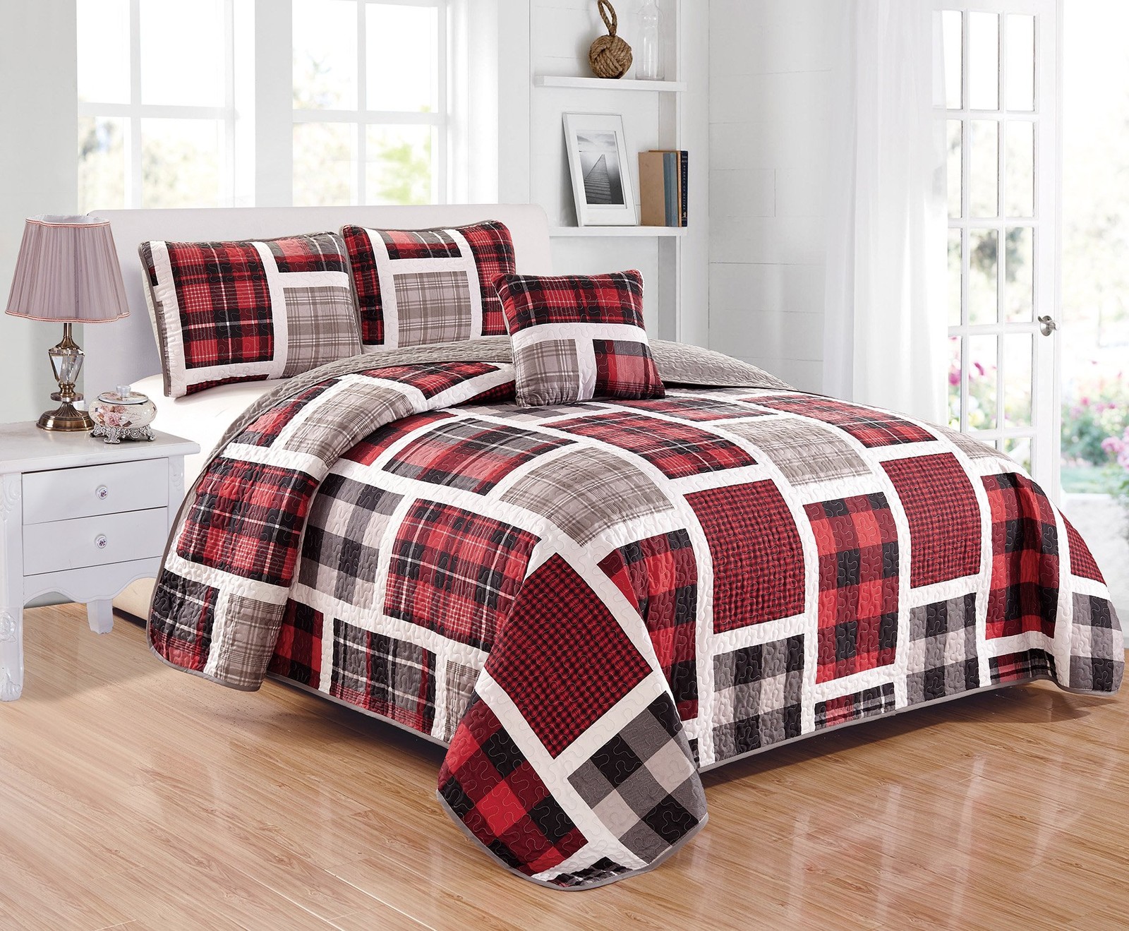 Linen Plus Quilted Bedspread Set For Teen Boys Patchwork Plaid Red Grey Black